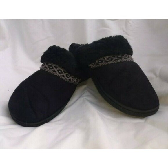 Isotoner Woman Slippers Size 7.5-8 Black With Faux Fur Trim - Picture 1 of 8